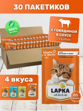 Корм для кошек влажный в пакетиках Набор с Говядиной, 30 шт